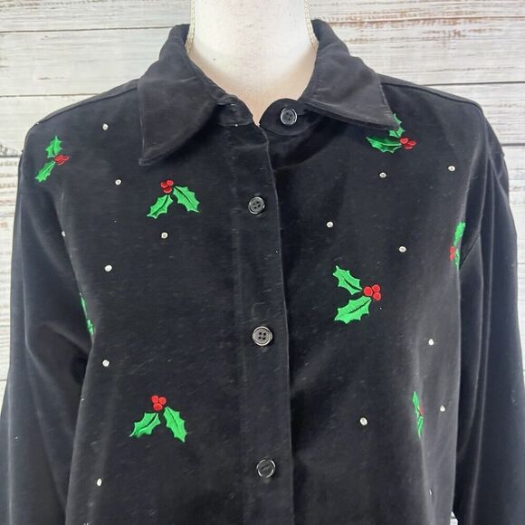 The Quacker Factory Shacket Jacket size Large Black Velvet Candy Canes Christmas - Picture 5 of 11